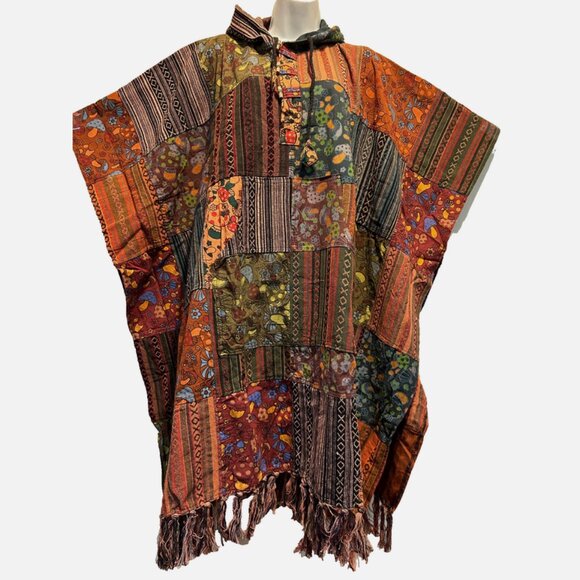 Nwt FUNKY STUFF patch fringe cotton JACKET COAT PONCHO O/S fits XL 1X 2X 3X - Picture 1 of 5